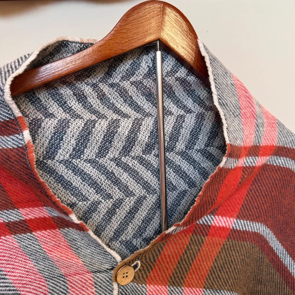 Rustic Plaid Fringe Scarf Shall Wood Buttons Yellowstone‎ Ranch Pancho One Size